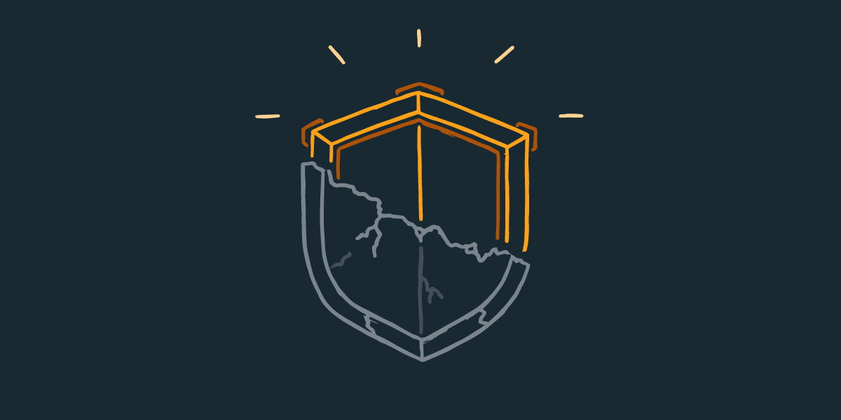 An illustration of a yellow, shining shield with a cracking gray shield peeling off of it