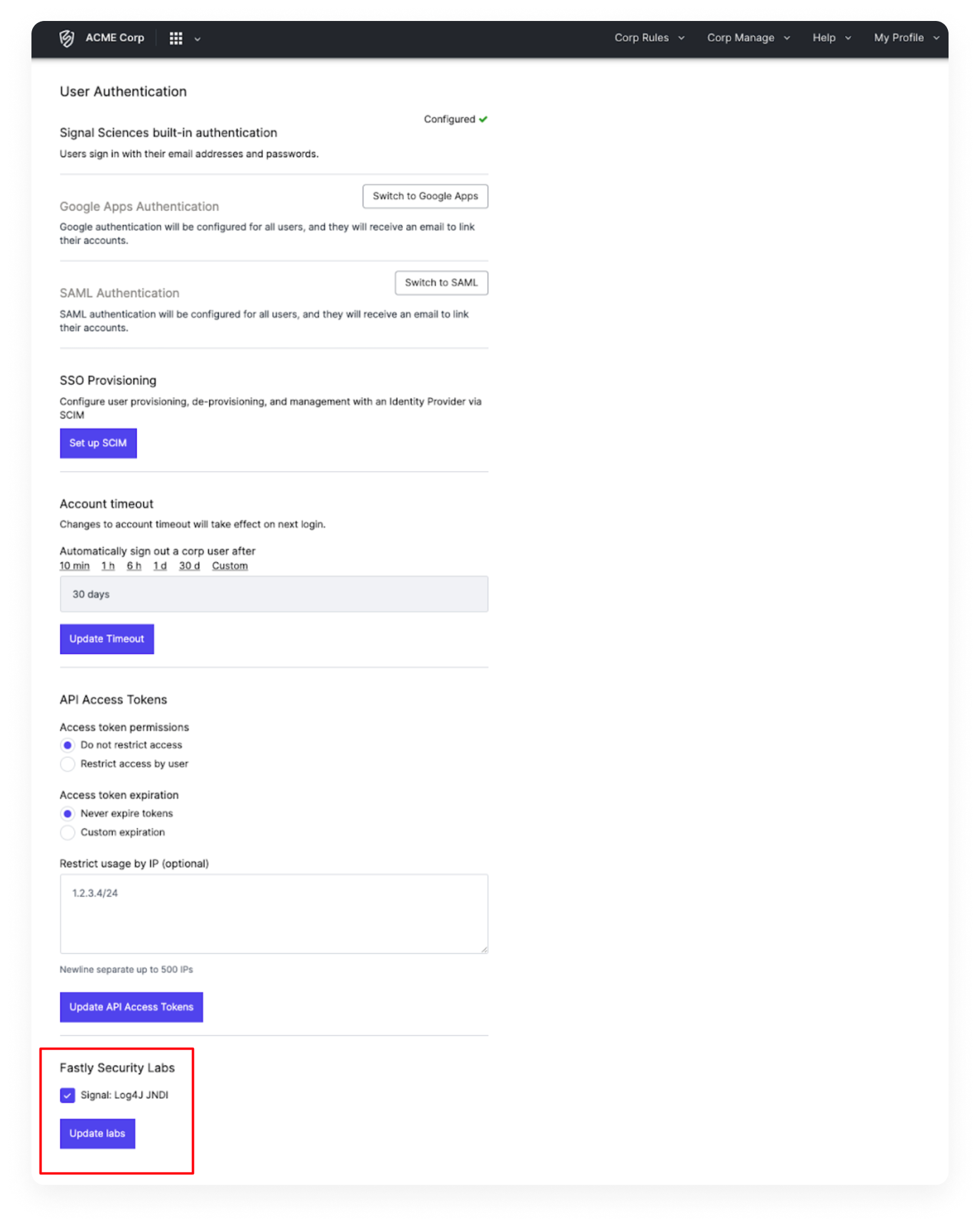 Fastly Security Labs Corp Settings page