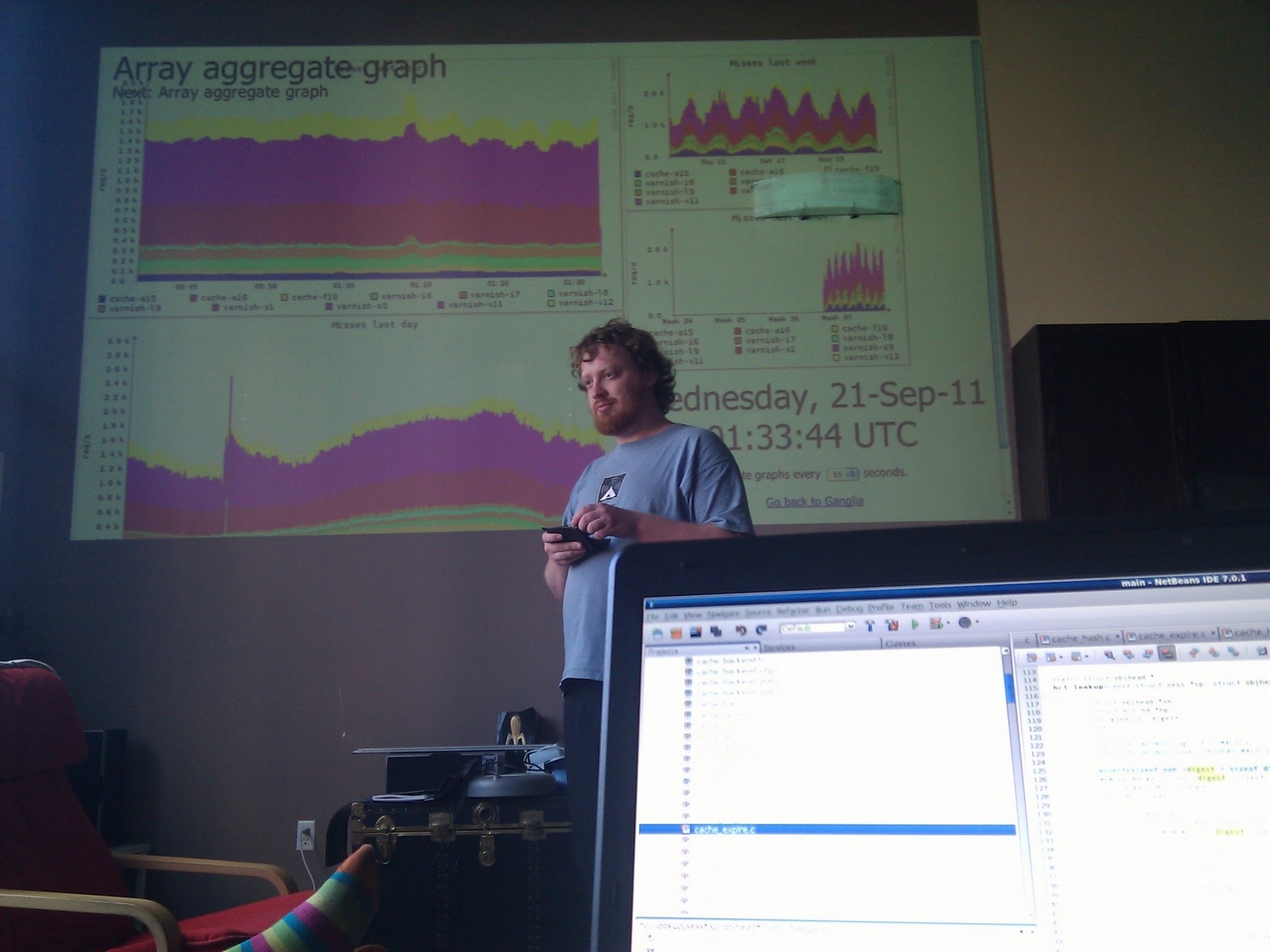 Artur runs a Fastly meeting from his living room in 2011. 
