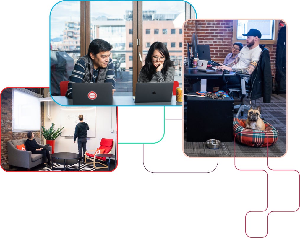 Moments from around the office, including teams working, whiteboarding, and a beloved office pup or two.