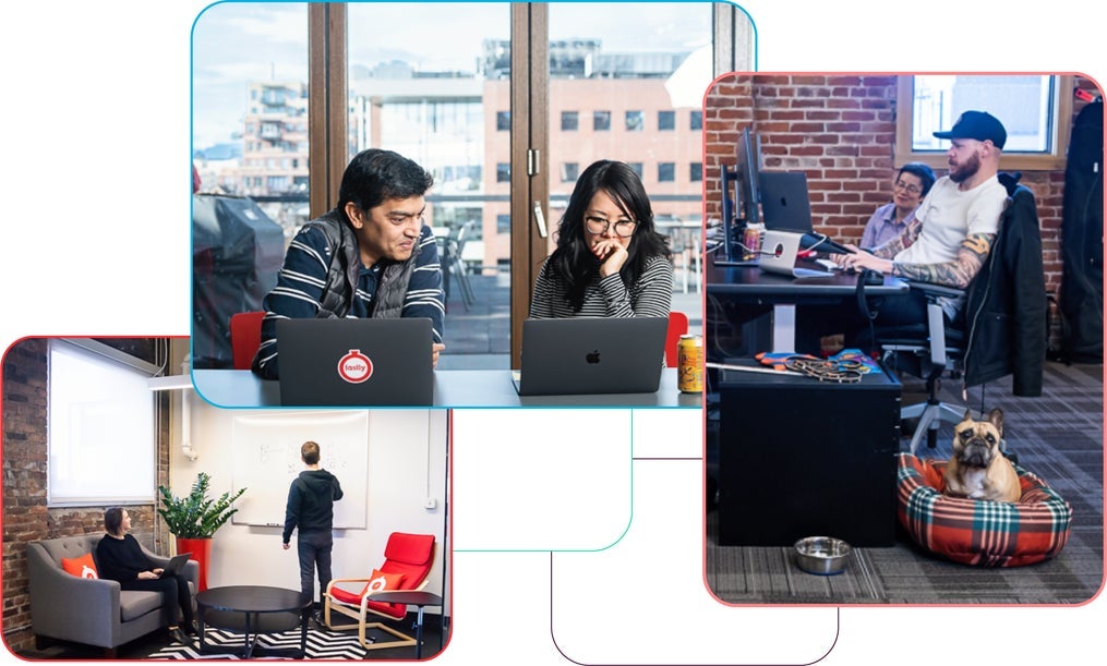 Moments from around the office, including teams working, whiteboarding, and a beloved office pup or two.