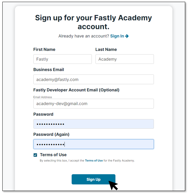 Academy Registration Screenshot