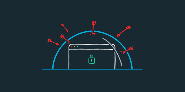 An illustration of a secured browser window inside a blue bubble that is protecting it from incoming red arrows