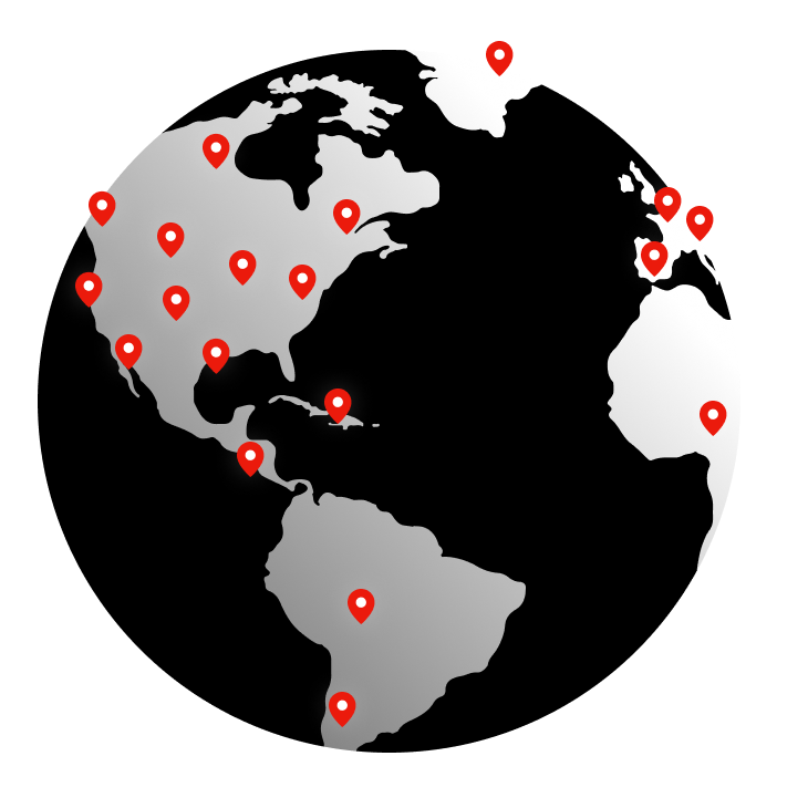 Illustration avec un globe en niveaux de gris recouvert d’épingles de localisation rouges