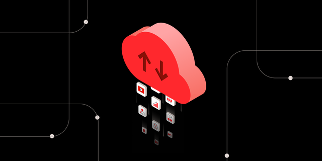 An illustration of a 3D red cloud with up and down arrows on it. Underneath it shows tiles of graphics streaming down