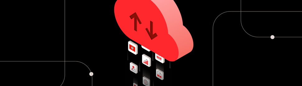 Une illustration d’un nuage rouge en 3D avec des flèches pointant vers le haut et vers le bas. En dessous apparaissent des vignettes de motifs de streaming vers le bas