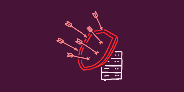 An illustration of a shield with arrows and a server behind it