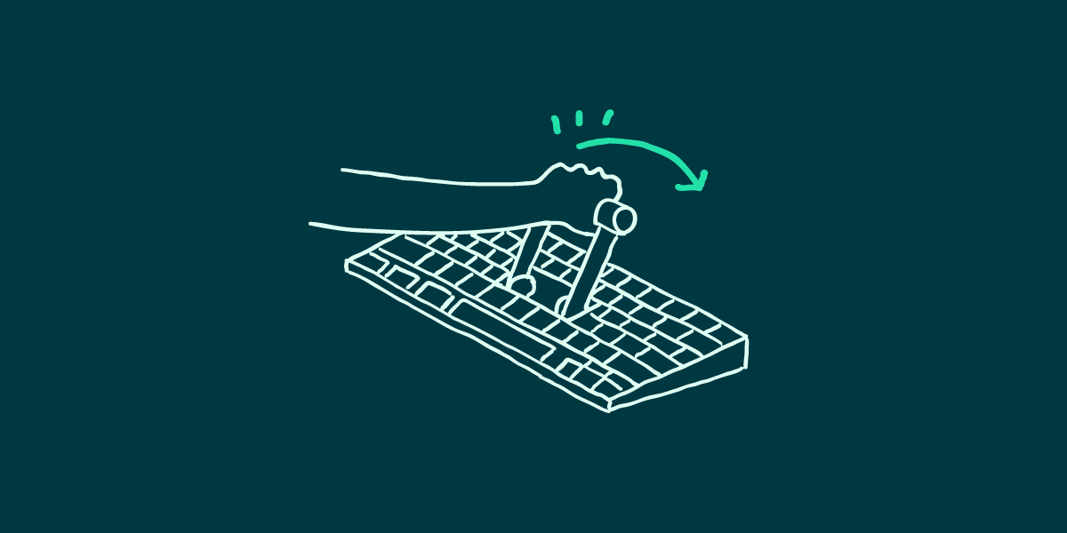 Una ilustración de un teclado con una palanca en el medio y una mano empujando la palanca hacia adelante