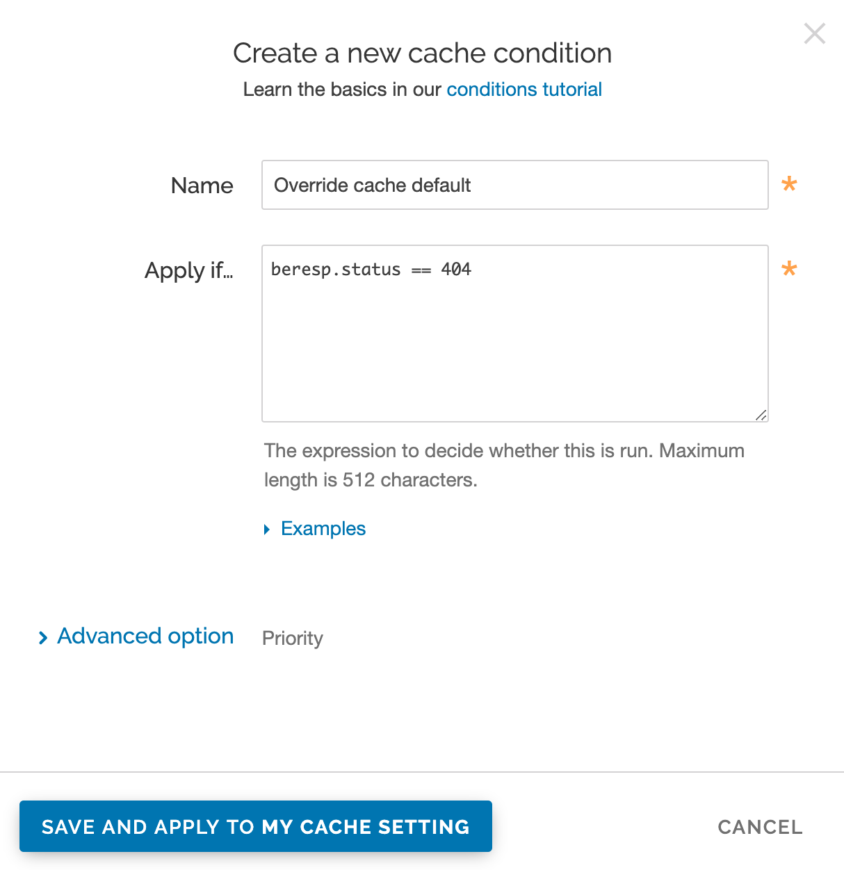 the Create new cache condition page