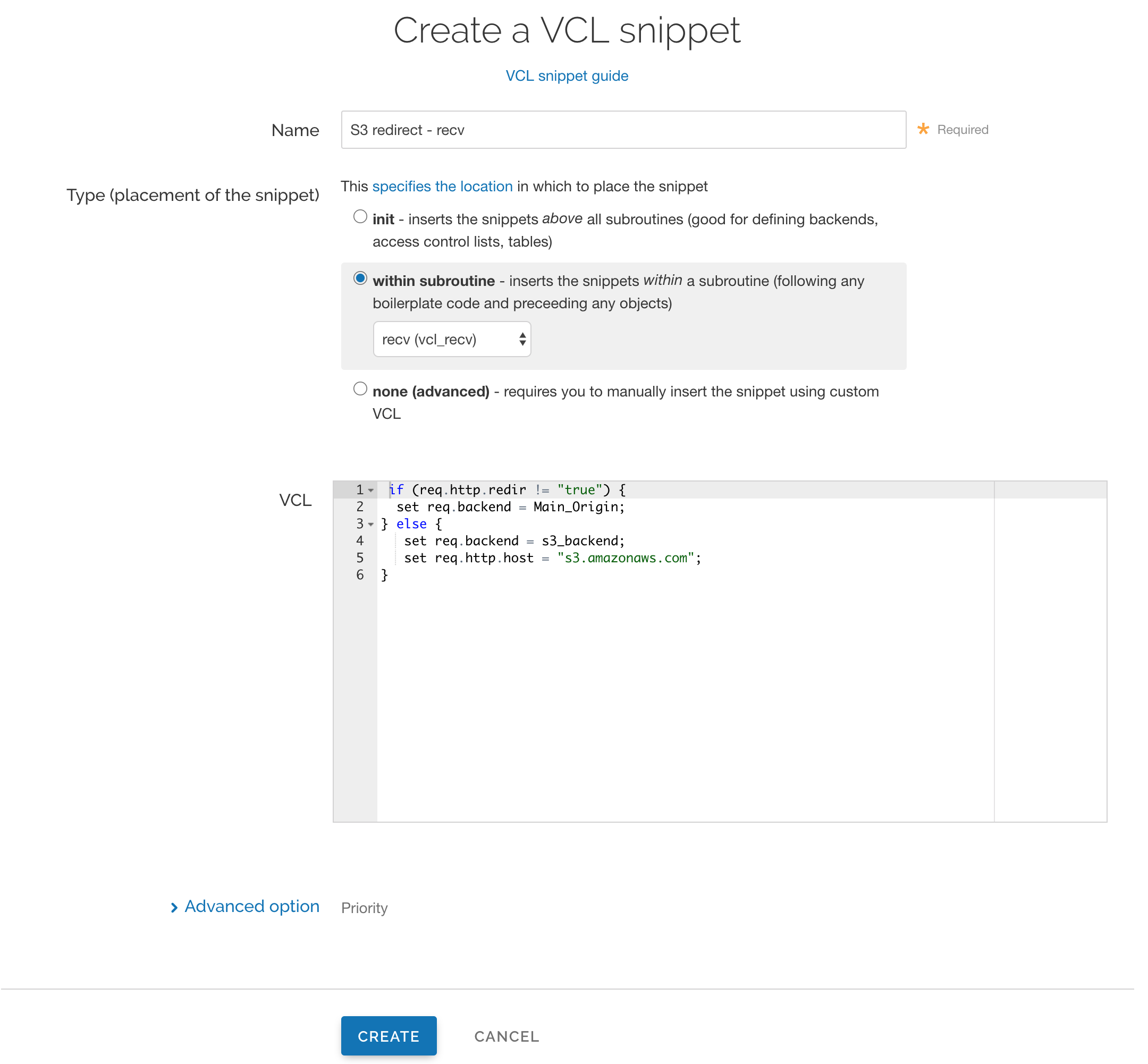 Redirect to S3 redirect via a receive VCL Snippet