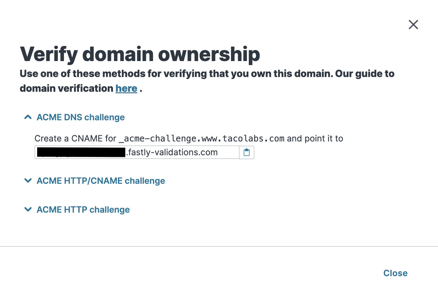 ドメインの所有権を確認する際、ACME DNS チャレンジに使用する CNAME