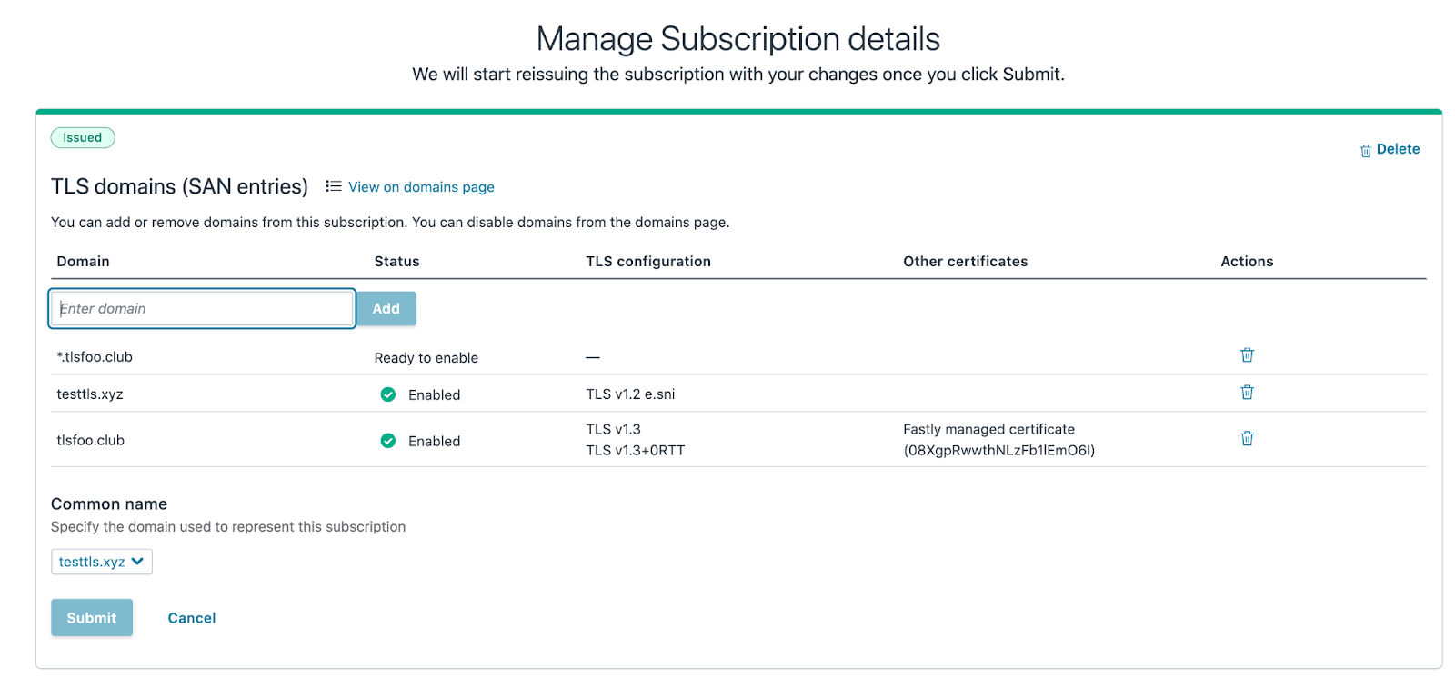 Manage Subscription details ページ