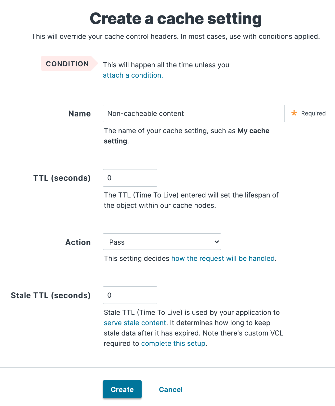 Creating a cache setting in the Fastly web interface