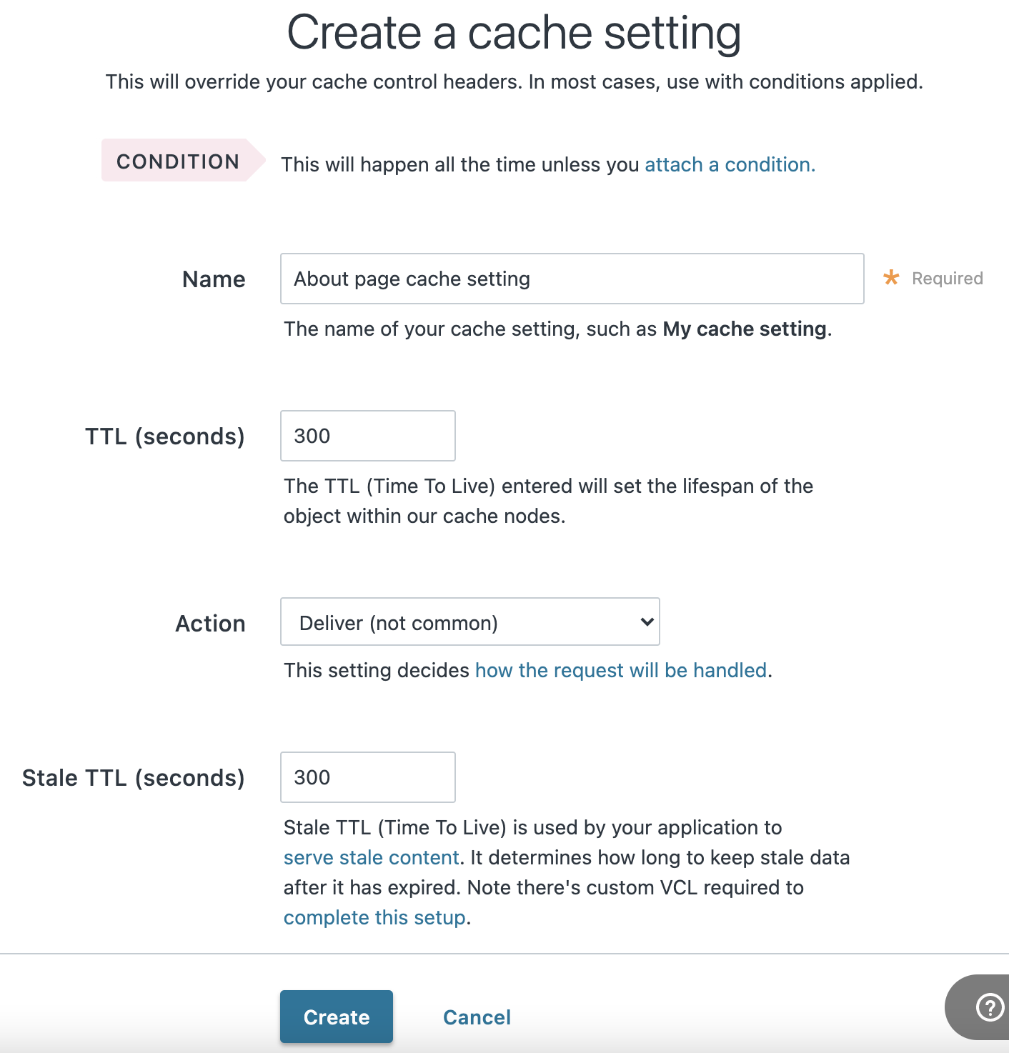 the Cache settings page