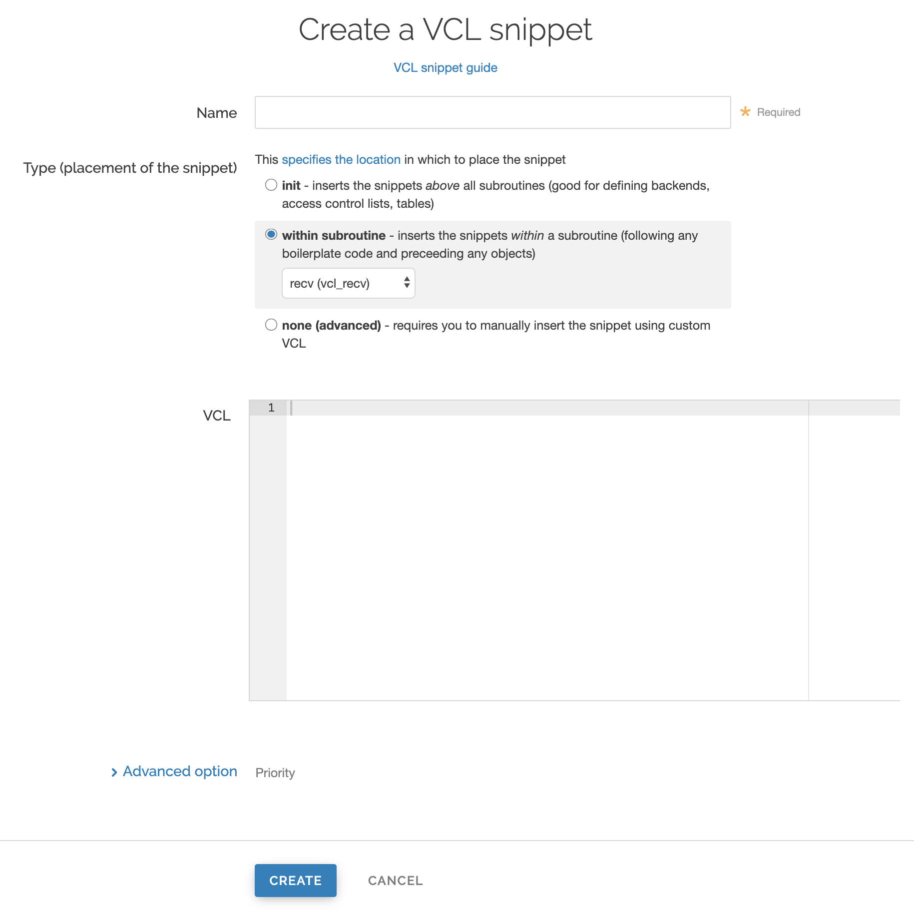 a blank Create a VCL snippet page