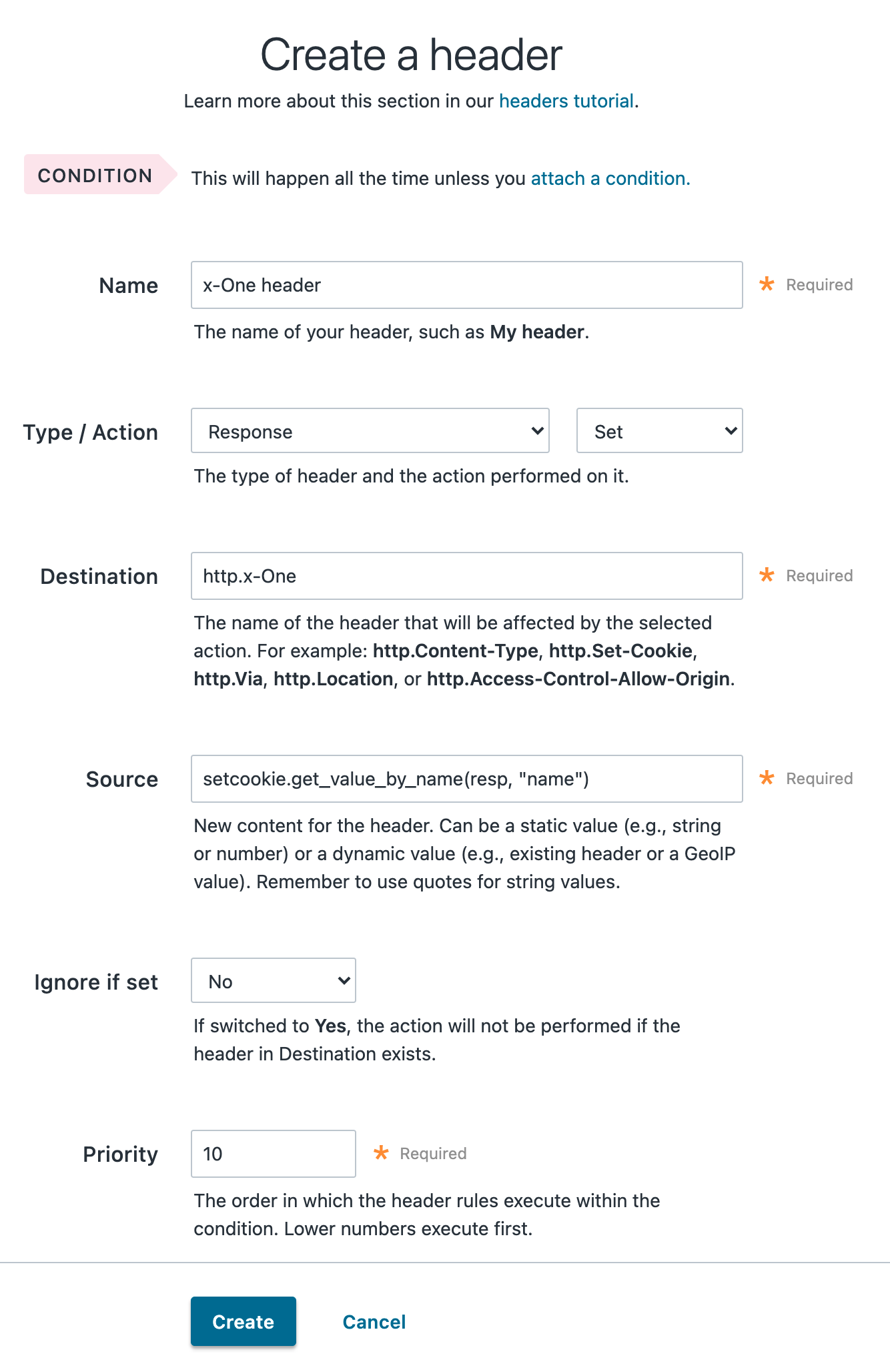 An example of response cookie logic set via a header using the Fastly control panel