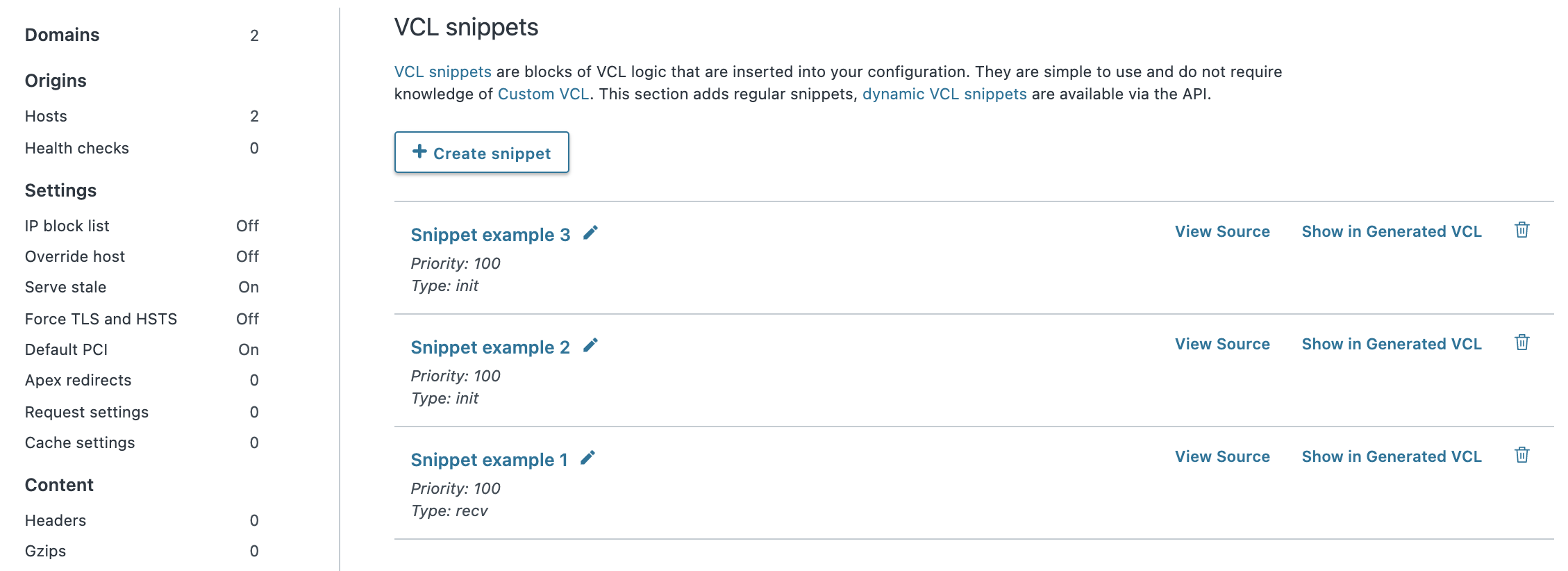 an example listing of VCL snippets attached to a service