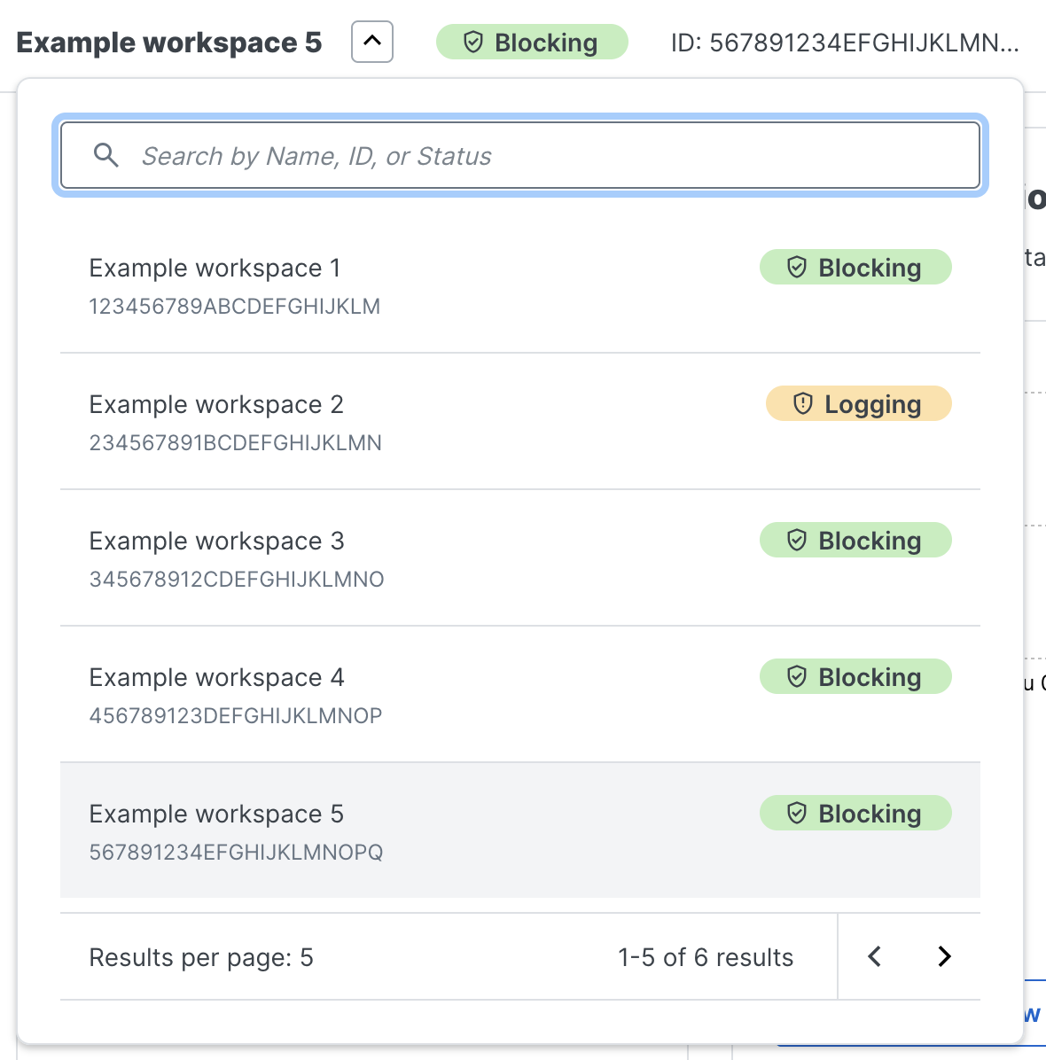 The expanded workspaces menu in the workspaces bar