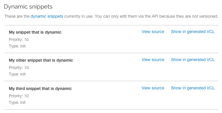 an example listing of VCL snippets attached to a service